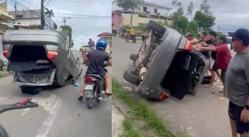 Vizinhos socorrem motorista em Tefé e ajudam a desvirar carro