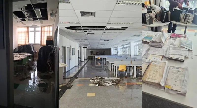 Após teto desabar, funcionários salvam acervo da biblioteca USP