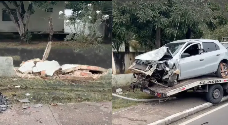 Carro destrói muro do Exército e causa transtornos na Avenida