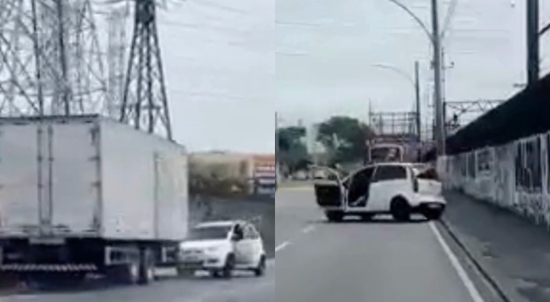Briga de trânsito termina com carro arrastado por caminhão e riscos