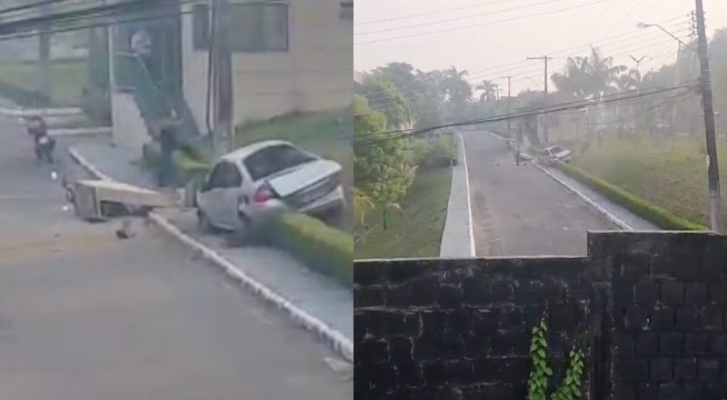Carro desgovernado invade condomínio e fere duas pessoas em Ponta Negra